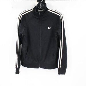 Vintage Fred Perry jacket women's 10 full zip black striped cotton blend logo